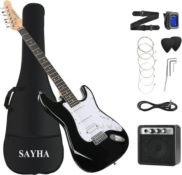 71nCZ0A-TLL._AC_SL1500_ SAYHA Electric Guitar Review Solid Full-Size Beginner Kit with HSS Pickups and Amp